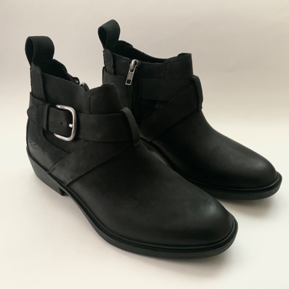 UGG Wylma Black Oiled Leather Moto Booties 1113422 Buckle Western Ankle Boots 7 - Picture 11 of 14